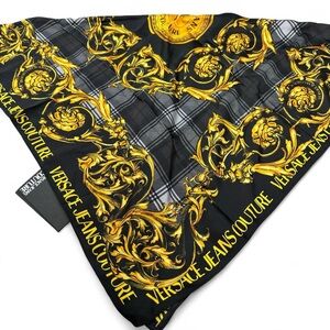Versace Black and Gold Baroque Plaid Silk Scarf